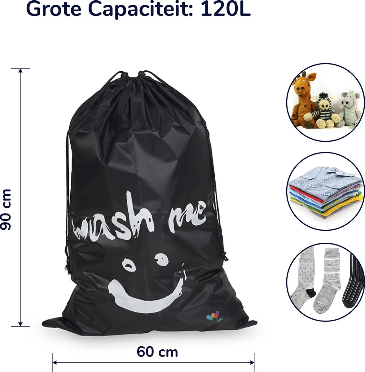 Wonair - Grote waszak - Laundry bag - Wash me - 60x90cm - Zwart - Met trekkoord Wonair - Grote Waszak - Laundry Bag - Wash Me - 60x90cm - Zwart - Met Trekkoord -Huishoudelijke Artikelen Winkel 1178x1200 2