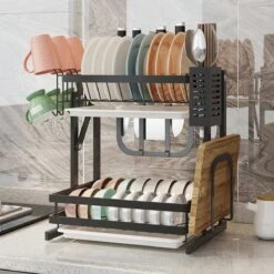 TammaT - Afdruiprek Met Lekbak 2 Laags – Inklapbaar - Afwasrek – Met 2 Lekbakken – Extra Accessories Voor Servies En Snijplanken - RVS - 38x35x26,5cm -Huishoudelijke Artikelen Winkel 1200x1200 1240