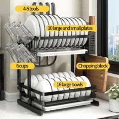 TammaT - Afdruiprek Met Lekbak 2 Laags – Inklapbaar - Afwasrek – Met 2 Lekbakken – Extra Accessories Voor Servies En Snijplanken - RVS - 38x35x26,5cm -Huishoudelijke Artikelen Winkel 1200x1200 1242