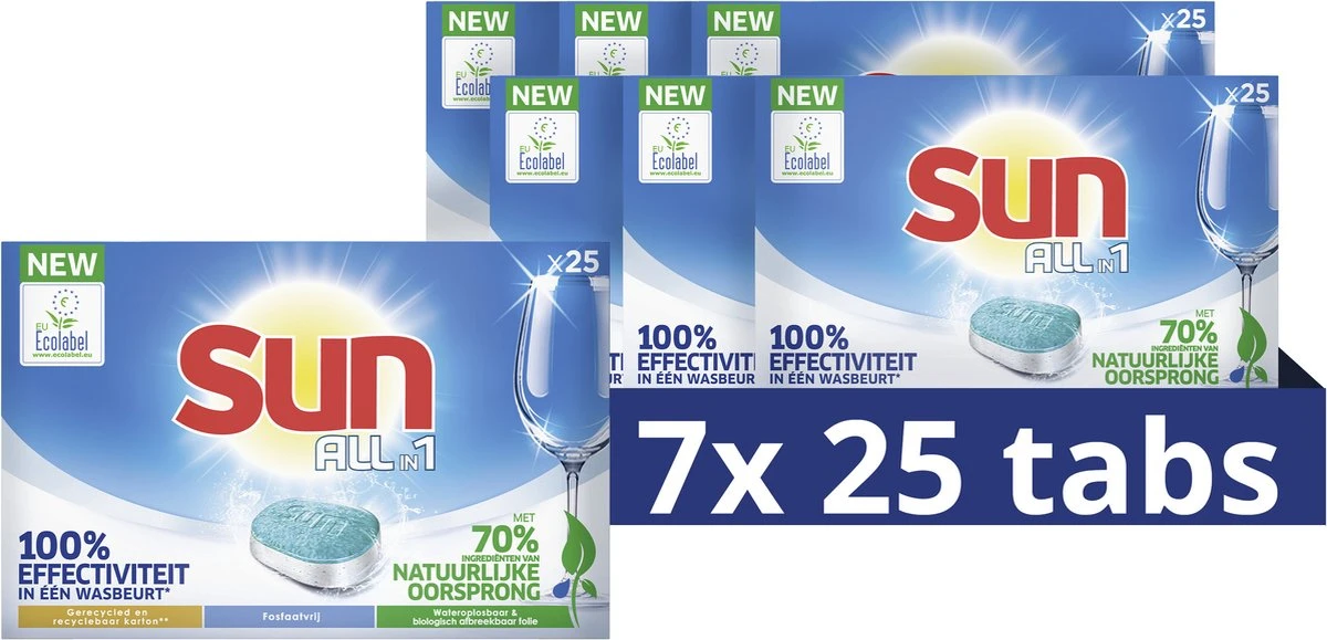 Sun All-in-1 Normaal Vaatwastabletten - 7 x 25 tabletten - Voordeelverpakking SUN® Sun All-in-1 Normaal Vaatwastabletten - 7 X 25 Tabletten - Voordeelverpakking -Huishoudelijke Artikelen Winkel