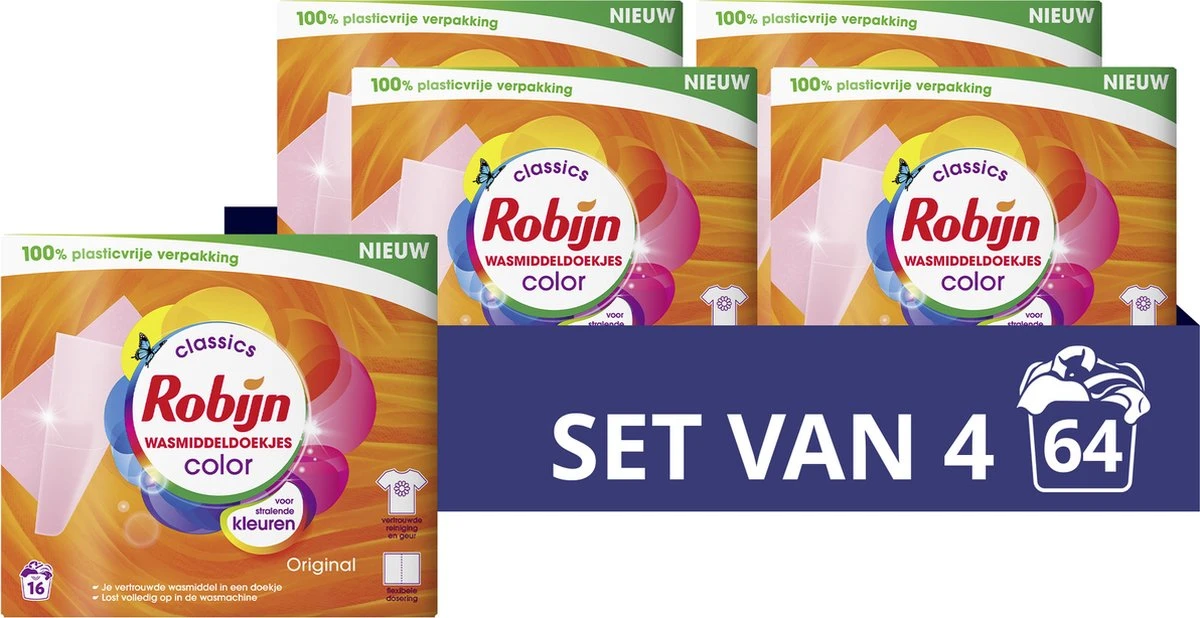 Robijn Classics Color Wasmiddeldoekjes - 4 x 16 wasstrips - Voordeelverpakking Robijn Classics Color Wasmiddeldoekjes - 4 X 16 Wasstrips - Voordeelverpakking -Huishoudelijke Artikelen Winkel
